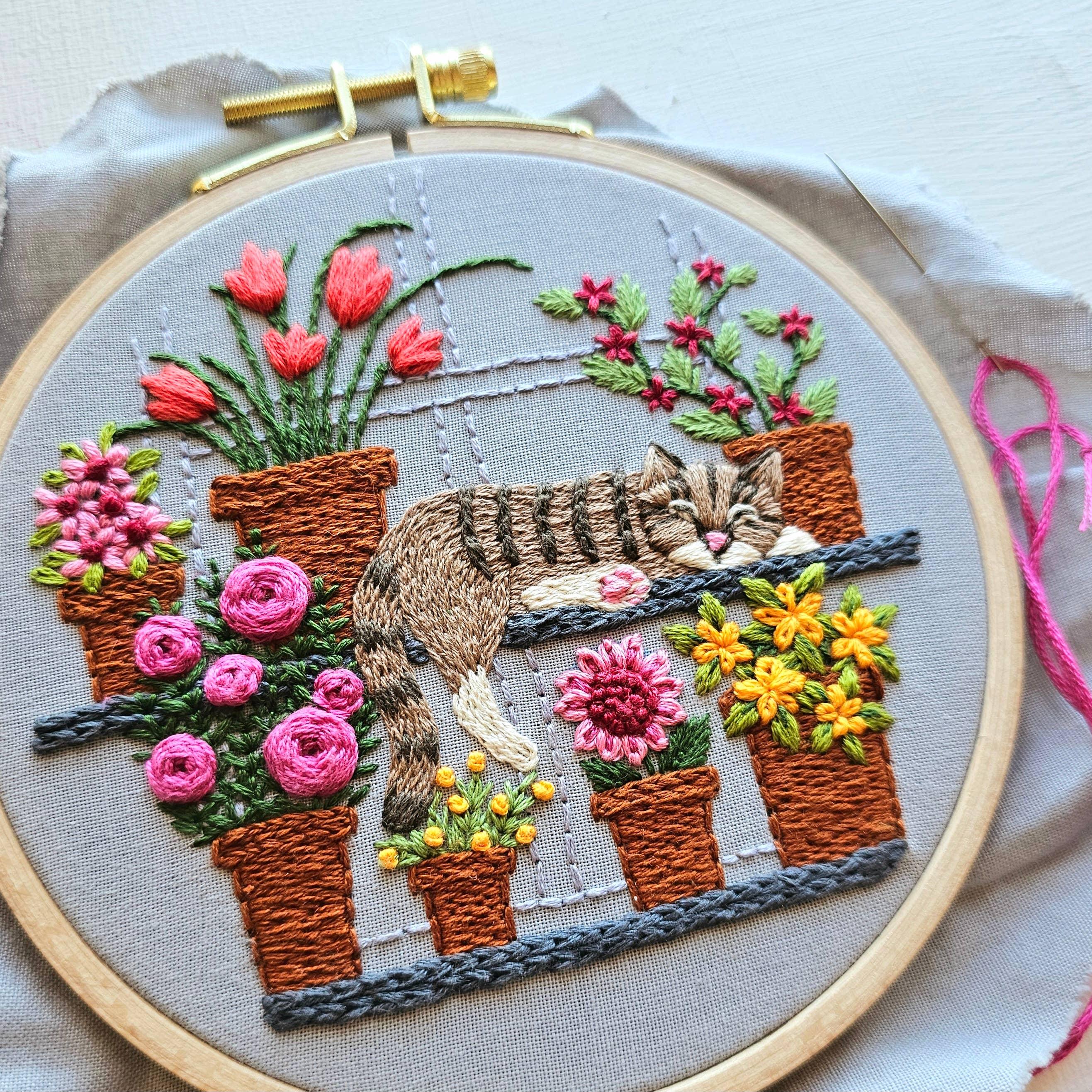 Catnap with Flowers Embroidery Kit - Handcraft Harbor