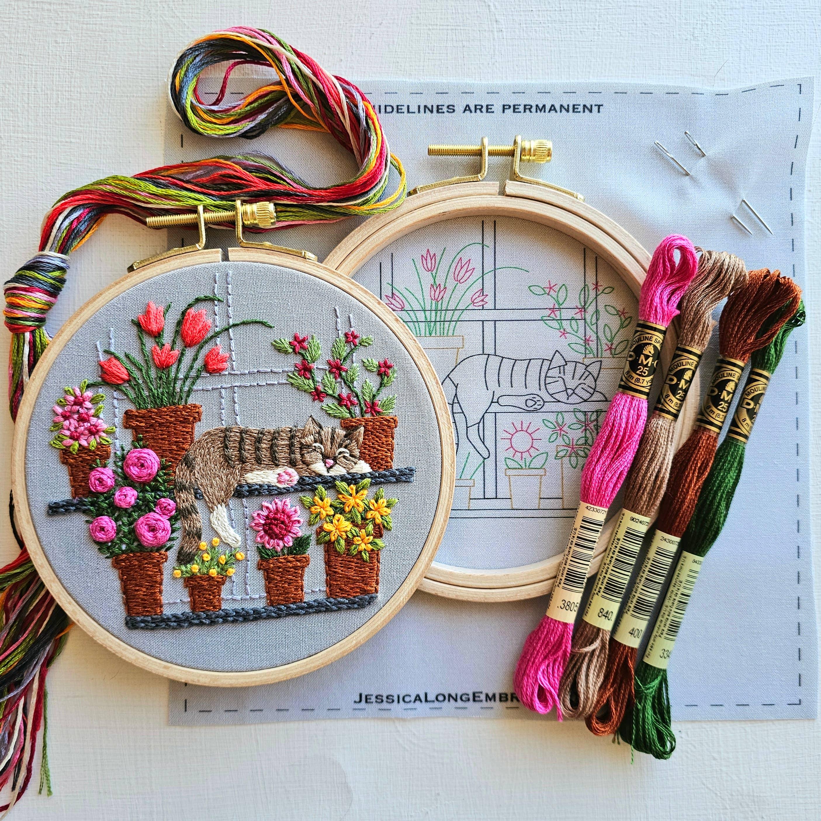 Catnap with Flowers Embroidery Kit - Handcraft Harbor