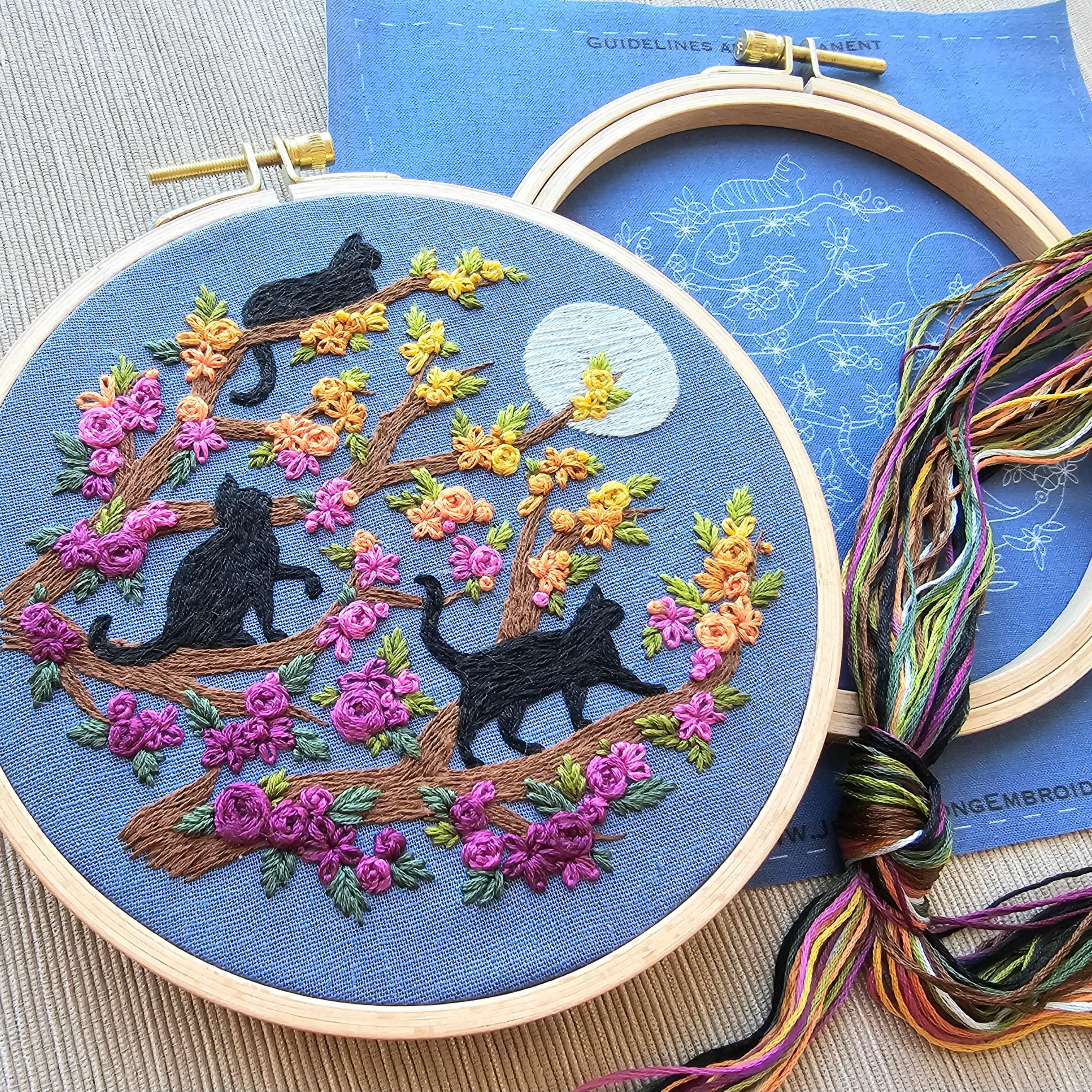 Cats & Full Moon Embroidery Kit - Handcraft Harbor