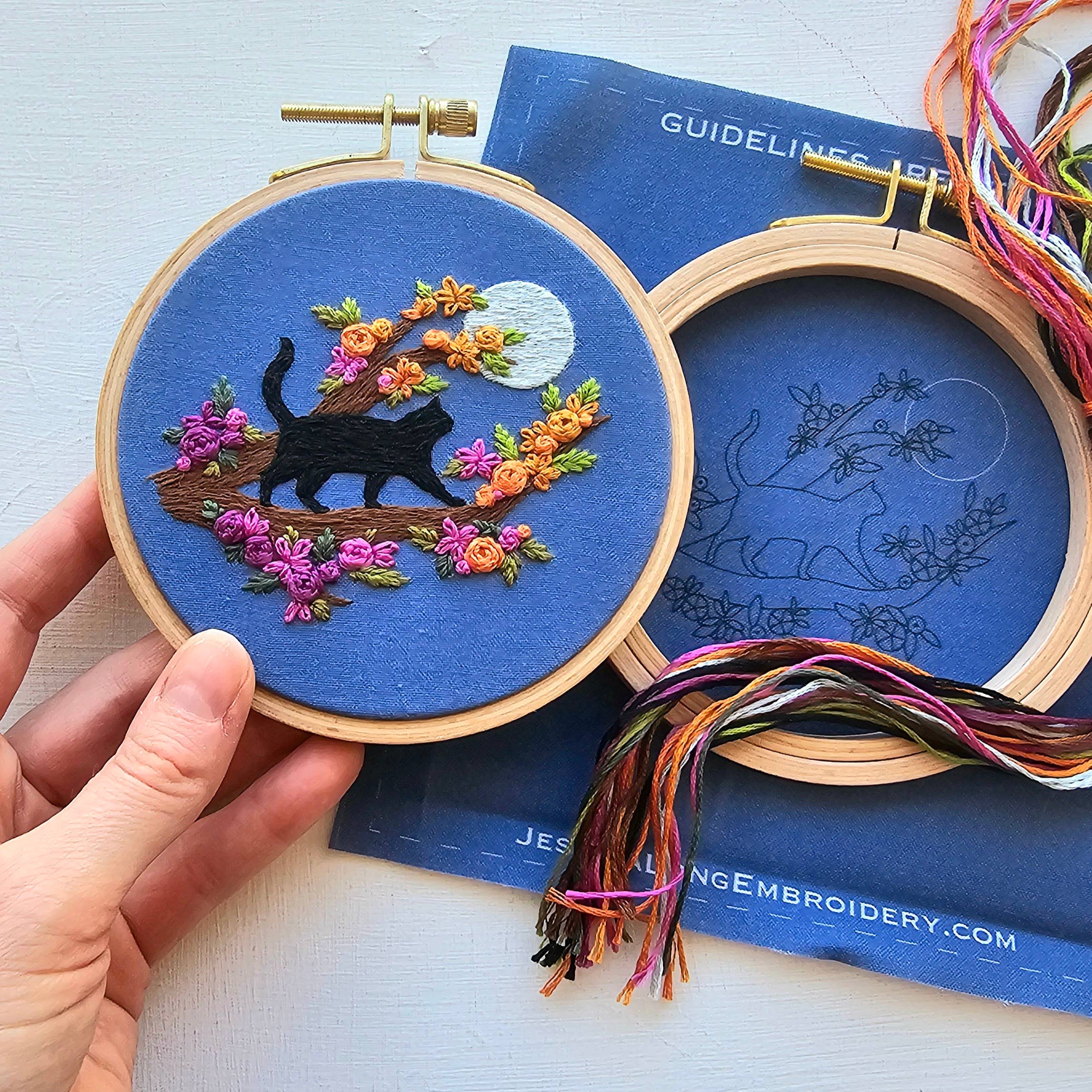 Mini Black Cat & Full Moon Embroidery Kit - Handcraft Harbor