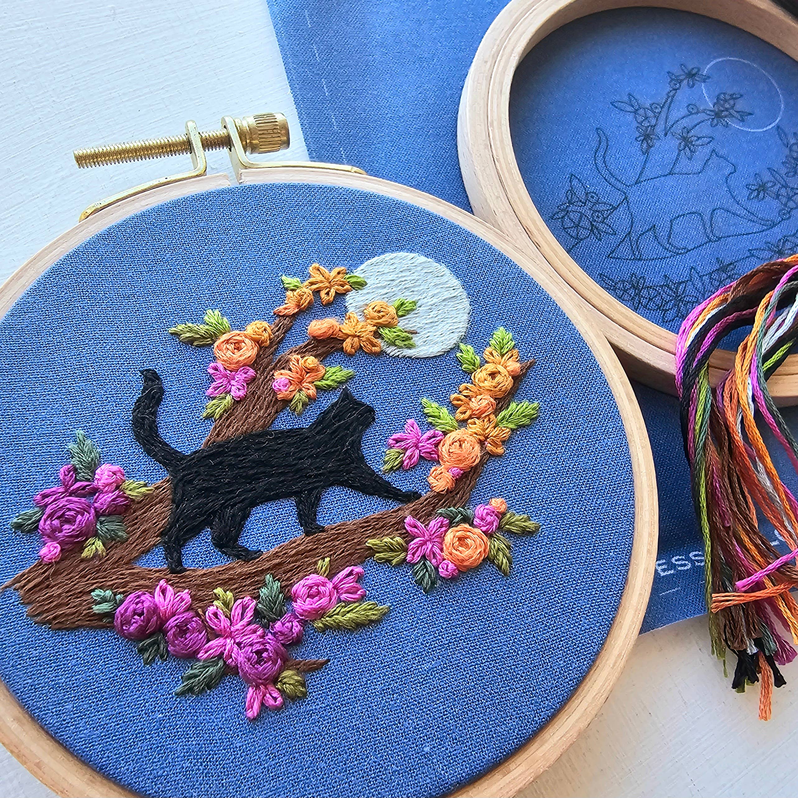 Mini Black Cat & Full Moon Embroidery Kit - Handcraft Harbor