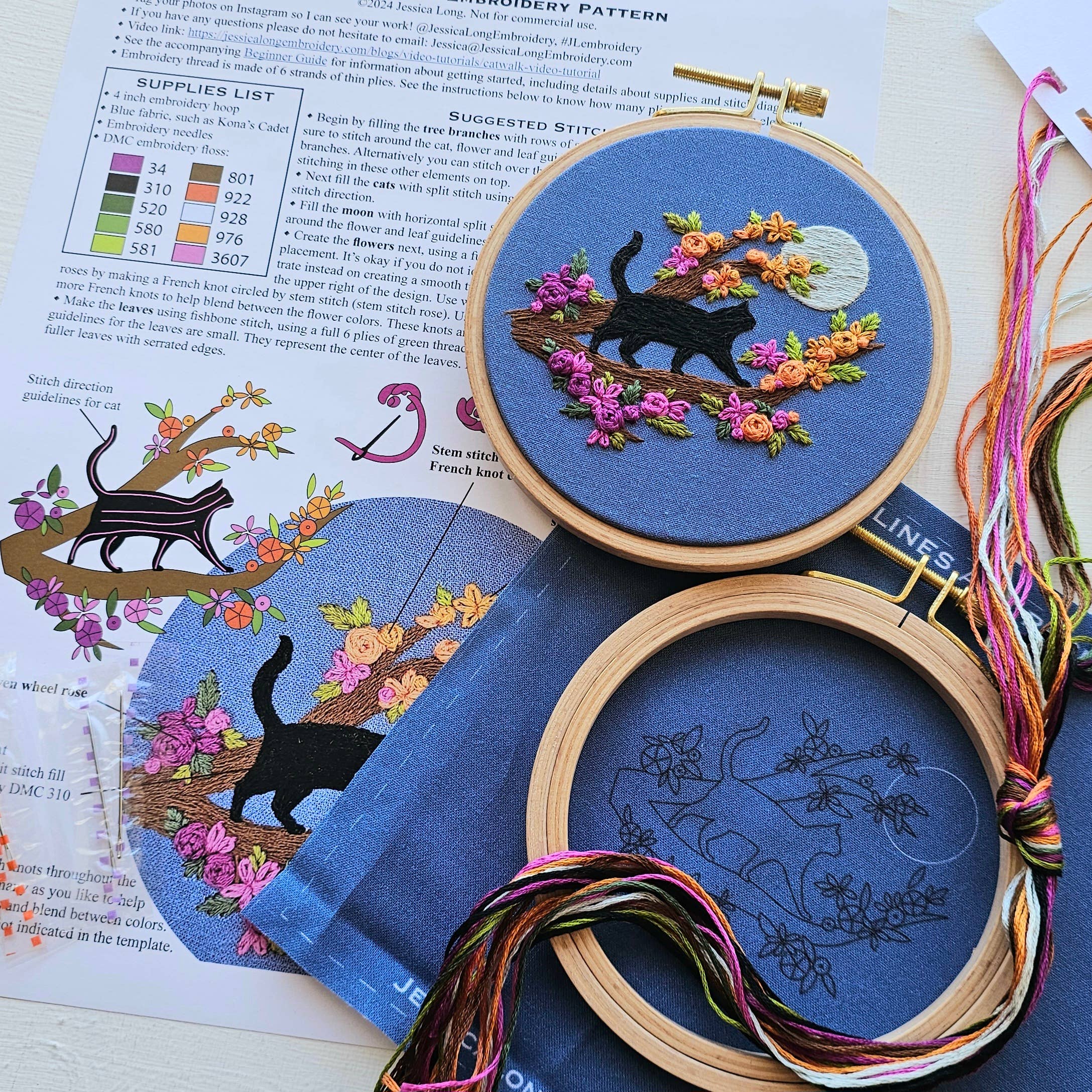 Mini Black Cat & Full Moon Embroidery Kit - Handcraft Harbor